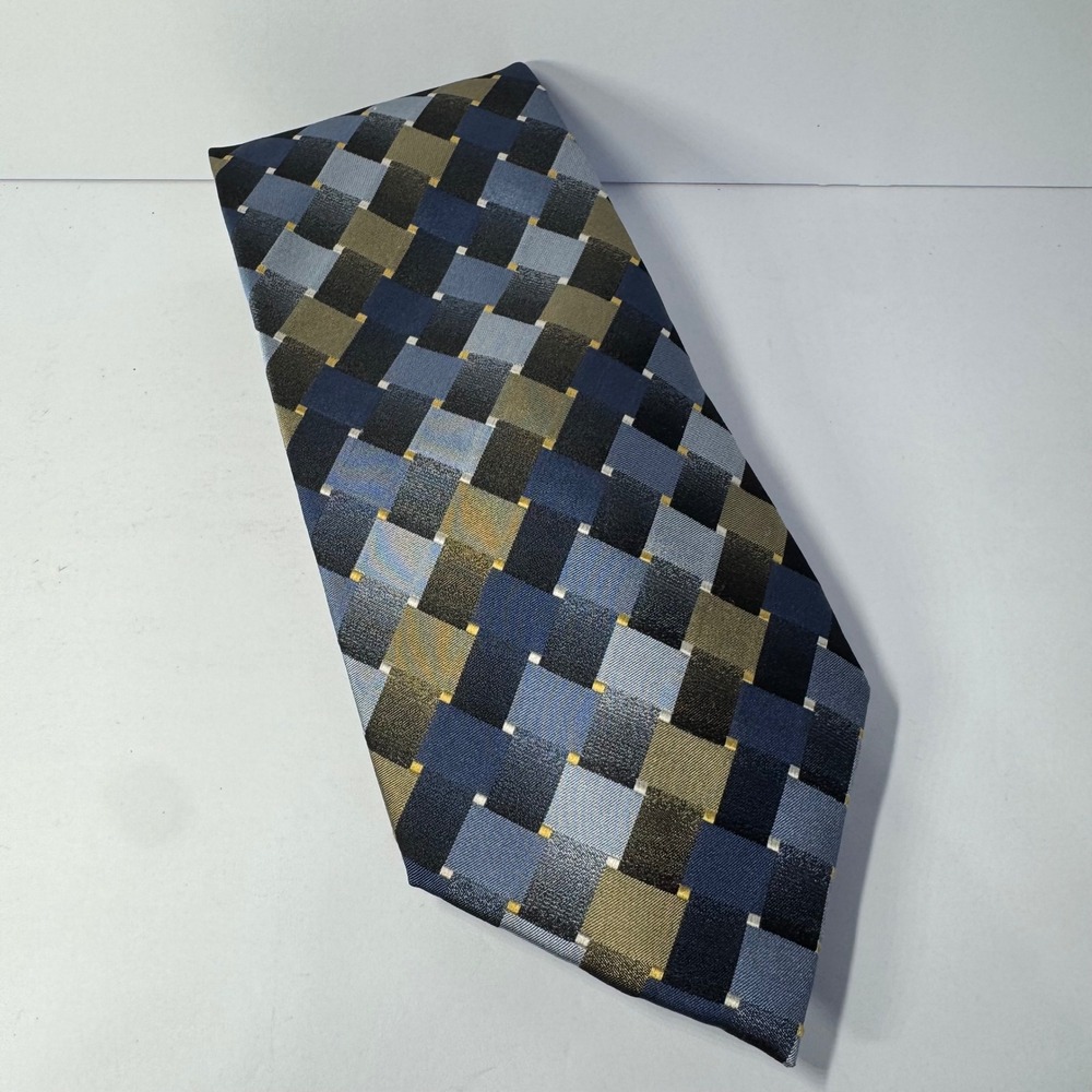 Dockers‎ Mens Necktie Blue Gold Gray Geometric Block Checkered Stain Resistant